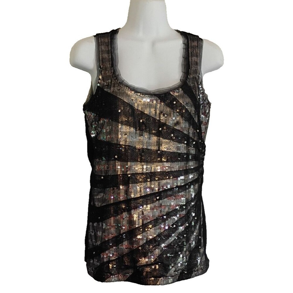 White House Black Market Sequin Tank Top  Black Silver Striped  Size Small
